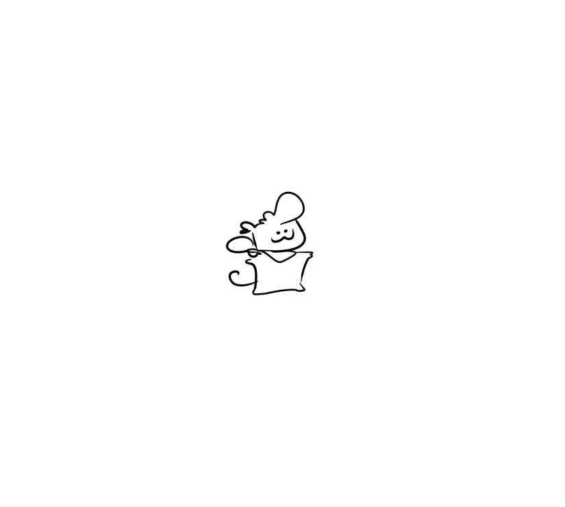 Black line-art depicting a small figure with large ears and a tail on a white background.