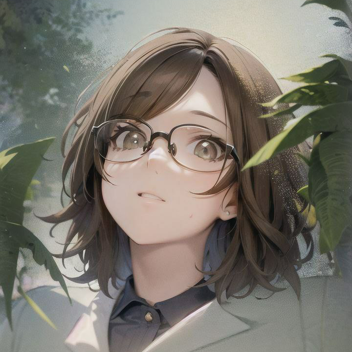 Stylized portrait of a person with shoulder-length hair and wire-rimmed glasses positioned between several plants.