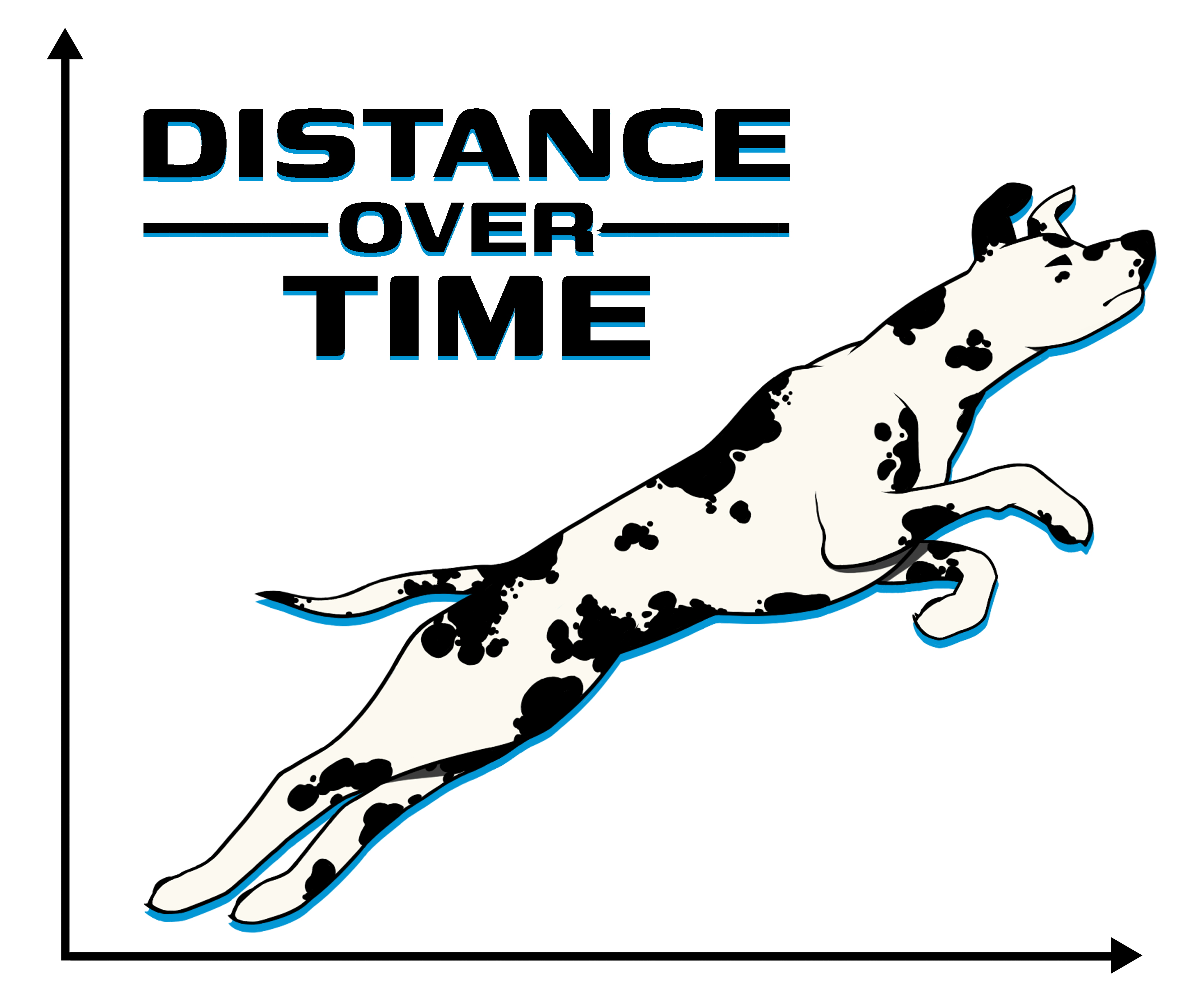 The studio logo shows 2 black arrows, one pointing upwards and one pointing right, depicting the X and Y axis of a graph. A black-and-white spotted dog jumps diagonally in the center of the graph. There is text reading 'Distance Over Time' positioned above the dog.